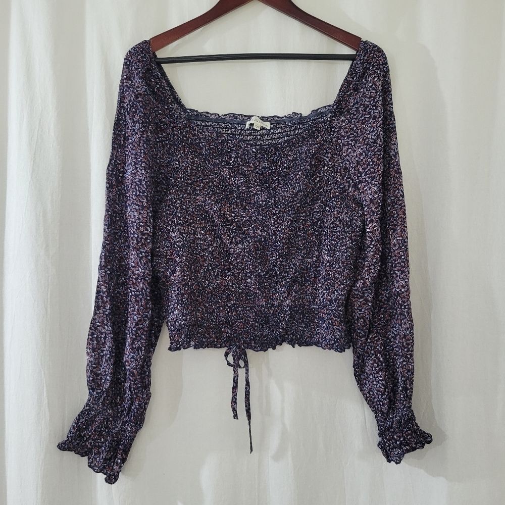 Wild Jasmine Long Sleeve Ruched Top in Blue & Red Leaf Print Women's Size 3XL